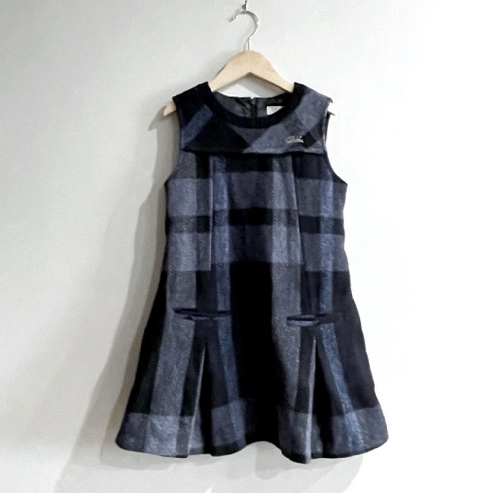 DAKS Girls 130 9Y Wool Plaid Sleeveless Dress Navy Blue Check Preppy